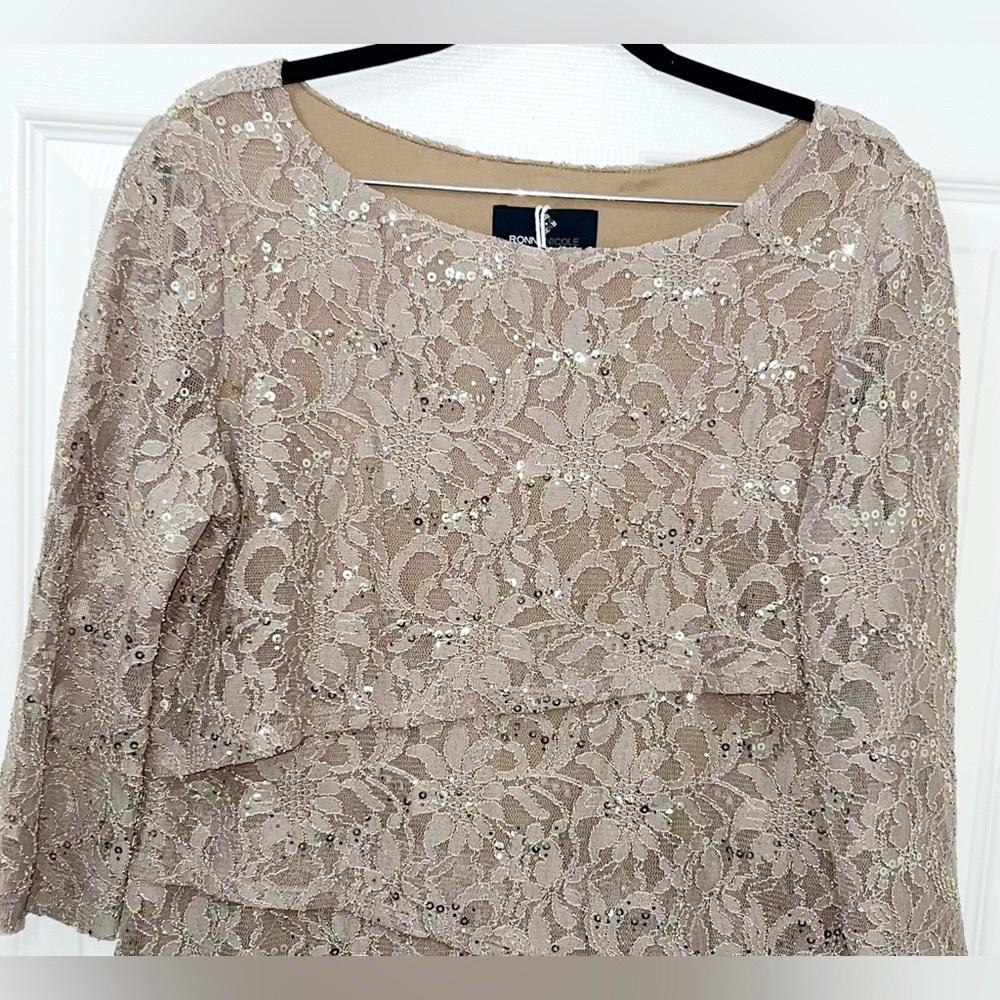 Ronni Nicole taupe tiered lace sequin 3/4 length sleeves bodycon formal Dress - Picture 3 of 4